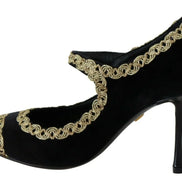 Black Embellished Velvet Mary Jane Pumps Shoes