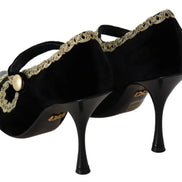 Black Embellished Velvet Mary Jane Pumps Shoes