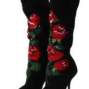Black Stretch Socks Red Roses Booties Shoes