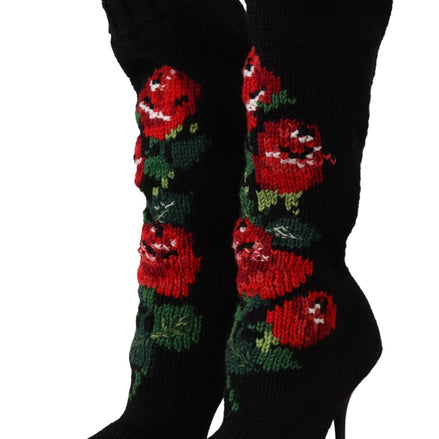 Black Stretch Socks Red Roses Booties Shoes