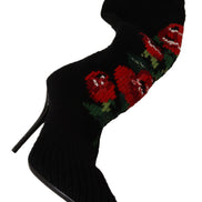 Black Stretch Socks Red Roses Booties Shoes