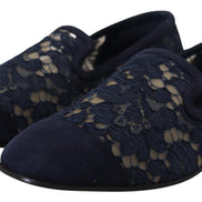 Blue Floral Lace Slip Ons Loafers Flats Shoes