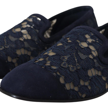 Blue Floral Lace Slip Ons Loafers Flats Shoes