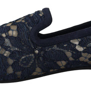 Blue Floral Lace Slip Ons Loafers Flats Shoes