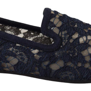 Blue Floral Lace Slip Ons Loafers Flats Shoes