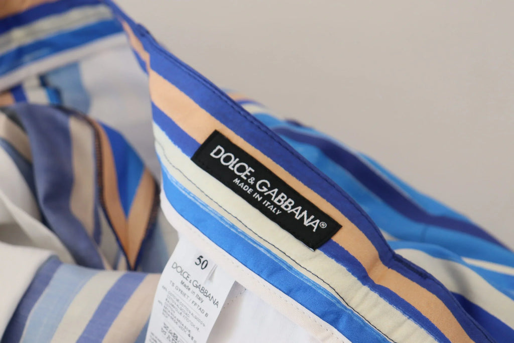 Blue Striped Silk Cotton Slim Trousers Pants