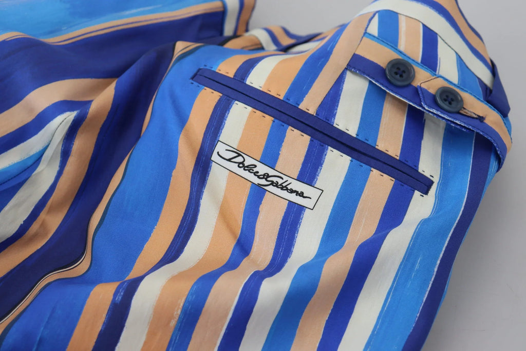 Blue Striped Silk Cotton Slim Trousers Pants
