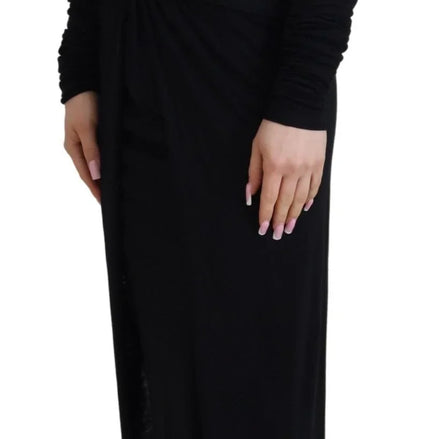Black Sheath Midi Gown Wool Wrap Dress