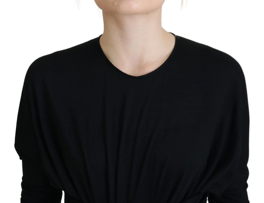 Black Sheath Midi Gown Wool Wrap Dress