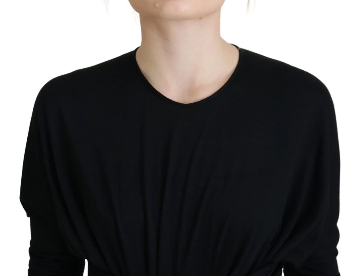 Black Sheath Midi Gown Wool Wrap Dress