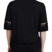 Black T-shirt Blouse Tassle Cotton Blouse