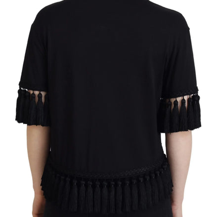 Black T-shirt Blouse Tassle Cotton Blouse
