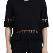 Black T-shirt Blouse Tassle Cotton Blouse