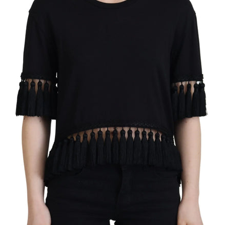 Black T-shirt Blouse Tassle Cotton Blouse