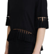 Black T-shirt Blouse Tassle Cotton Blouse