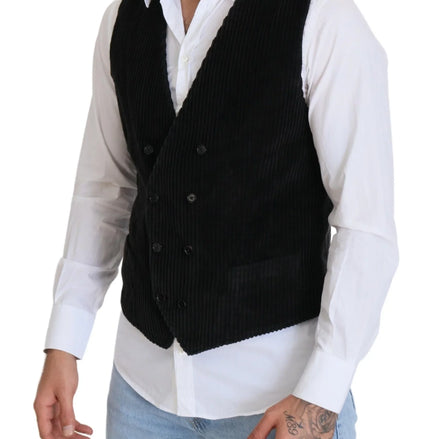 Black Cotton Double Breasted Waistcoat Vest