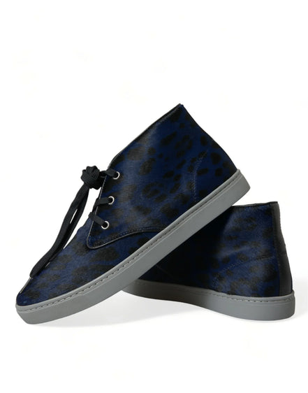 Blue Calfskin Leopard Mid Top Sneakers Shoes