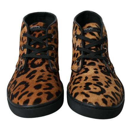 Brown Leopard Pony Hair Leather Sneakers Shoes