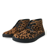 Brown Leopard Pony Hair Leather Sneakers Shoes