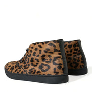 Brown Leopard Pony Hair Leather Sneakers Shoes
