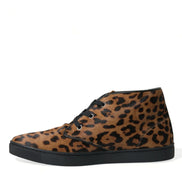 Brown Leopard Pony Hair Leather Sneakers Shoes