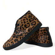 Brown Leopard Pony Hair Leather Sneakers Shoes