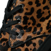Brown Leopard Pony Hair Leather Sneakers Shoes