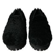 Black Fur Leather Slippers Dress Shoes