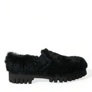 Black Fur Leather Slippers Dress Shoes