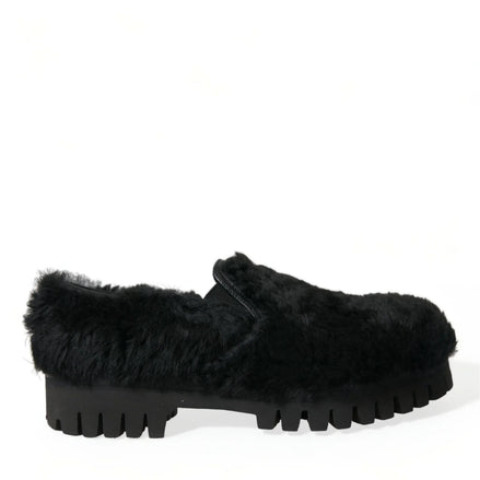Black Fur Leather Slippers Dress Shoes