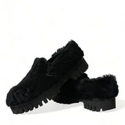 Black Fur Leather Slippers Dress Shoes