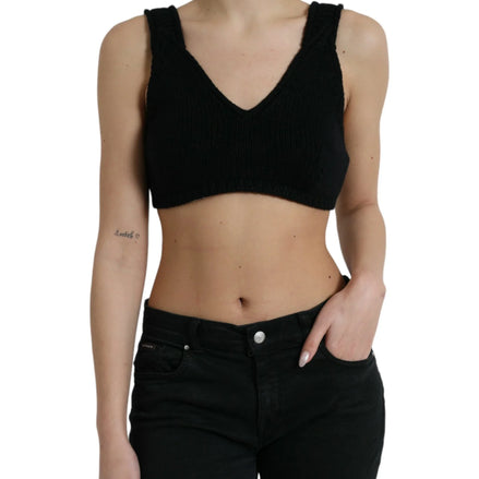 Black Cropped Cashmere V-neck Bustier Top
