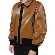 Brown Leather Full Zip Men Bomber Jacket