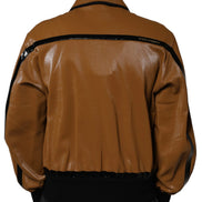 Brown Leather Full Zip Men Bomber Jacket