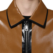 Brown Leather Full Zip Men Bomber Jacket
