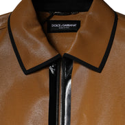 Brown Leather Full Zip Men Bomber Jacket