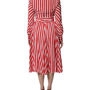White Red Stripes Long Sleeves Midi Dress