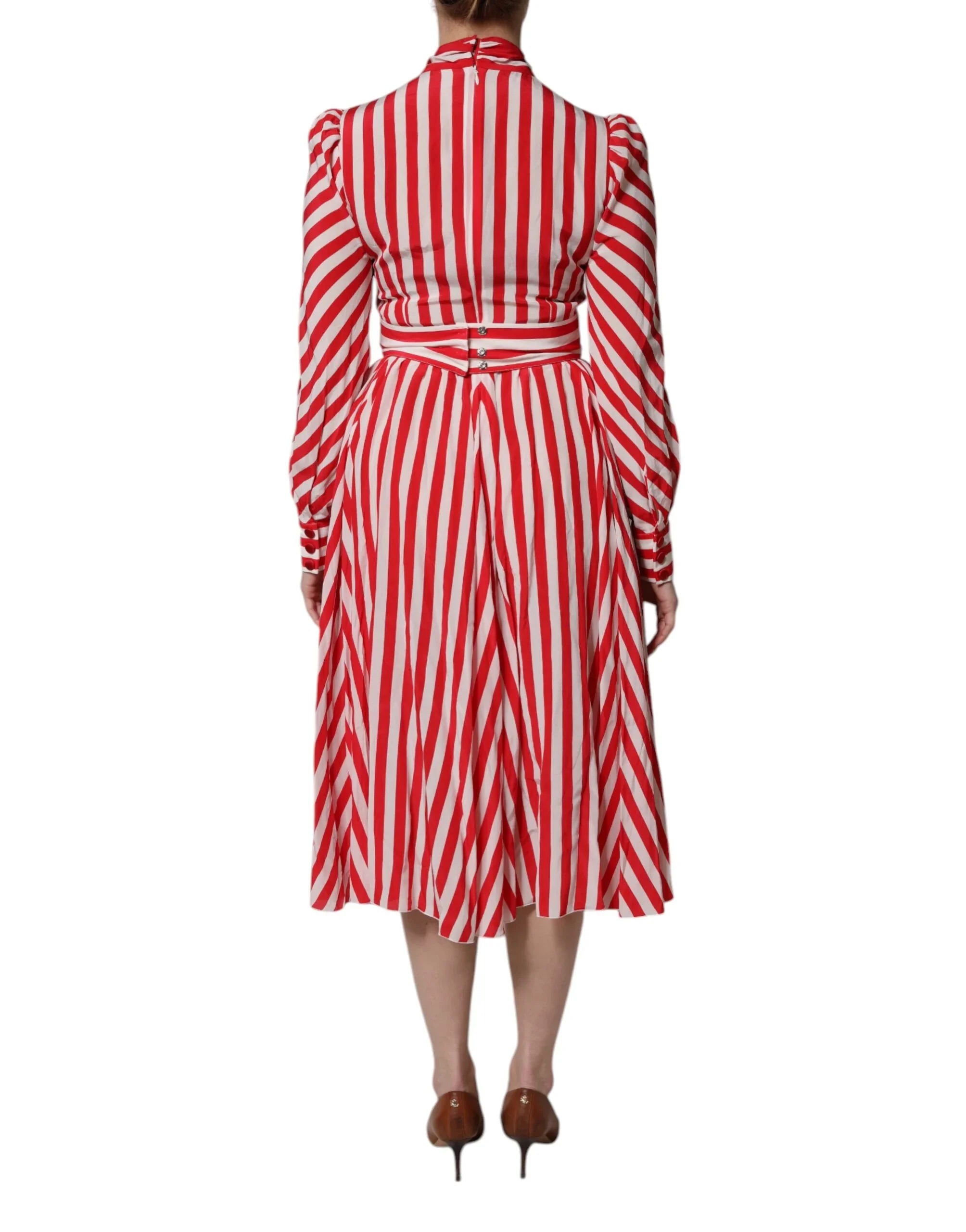 White Red Stripes Long Sleeves Midi Dress