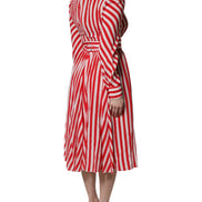 White Red Stripes Long Sleeves Midi Dress