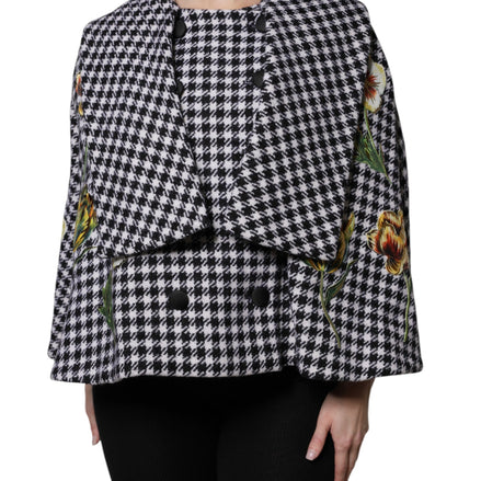 Black White Monochrome Patterned Floral Cape Jacket