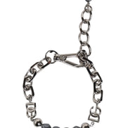 Silver Tone Chain Lobster Clasp Logo Gray Pearls Bracelet