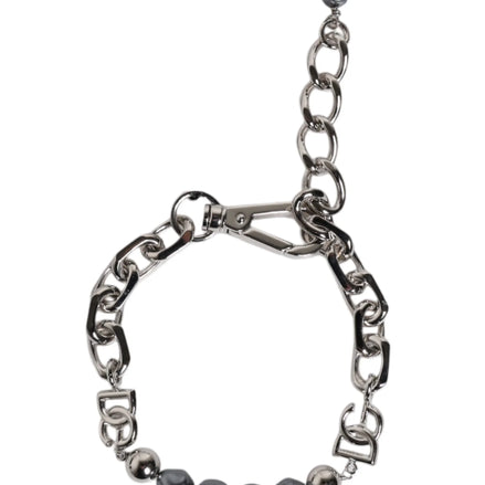 Silver Tone Chain Lobster Clasp Logo Gray Pearls Bracelet