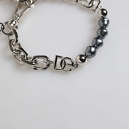 Silver Tone Chain Lobster Clasp Logo Gray Pearls Bracelet