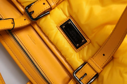 Yellow Orange Nylon Logo Plaque Hand Shoulder Duffle Bag
