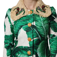 Multicolor Leaf Print Embellished Trenchcoat Jacket