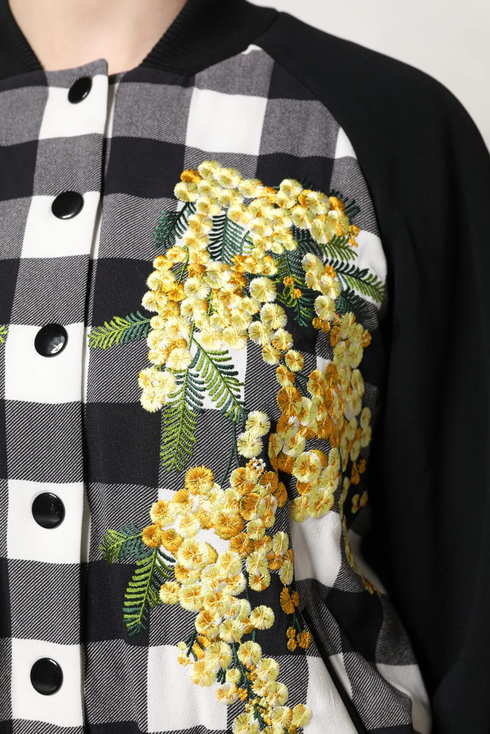 Black White Check Floral Button Down Jacket