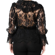 Black Cotton Floral Lace Women Blouse Top