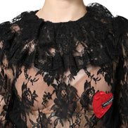 Black Cotton Floral Lace Women Blouse Top