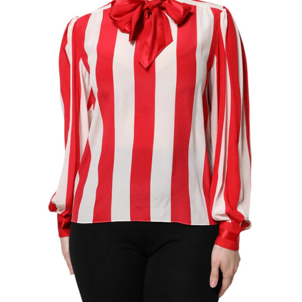 Red White Stripes Ascot Collar Blouse Top