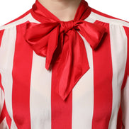Red White Stripes Ascot Collar Blouse Top